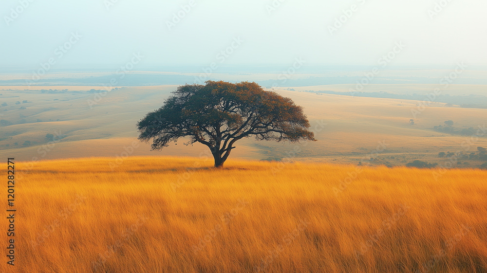 Lone Tree in Golden Field: A solitary tree stands tall against a backdrop of golden grassland, bathed in the soft light of dawn or dusk, evoking a sense of peace and solitude. Lone Tree in Golden Field: A solitary tree stands tall against a backdrop of golden grassland, bathed in the soft light of dawn or dusk, evoking a sense of peace and solitude.