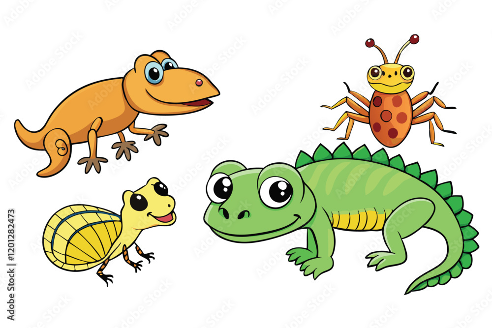 Naklejka premium Colorful cartoon characters of amphibians, reptiles, and insects, including lizards, frogs, beetles, and butterflies, in a playful and cute style