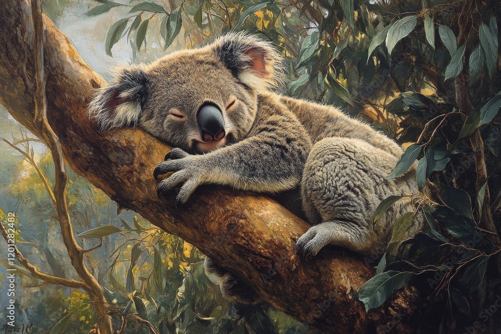 Fototapeta premium Koala resting peacefully on a tree branch in a serene forest environment during daylight