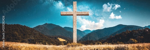 Stone cross landscape, mountains, faith, hope, serenity