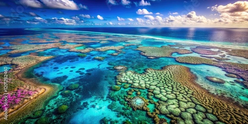 Fototapeta Naklejka Na Ścianę i Meble -  Aerial bokeh shot reveals the Great Barrier Reef's vibrant coral, a breathtaking underwater paradise.