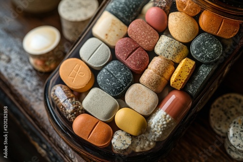 Variety of colorful vitamins and supplements stored in a glass jar for health...