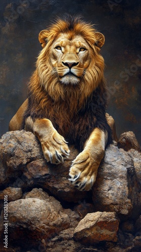 Majestic lion resting on a rock under soft lighting in its natural habitat