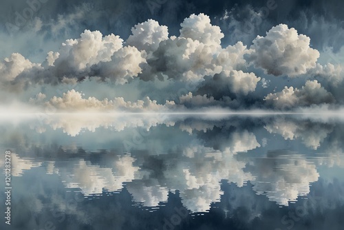 Drifting clouds reflecting on still water in watercolor style photo