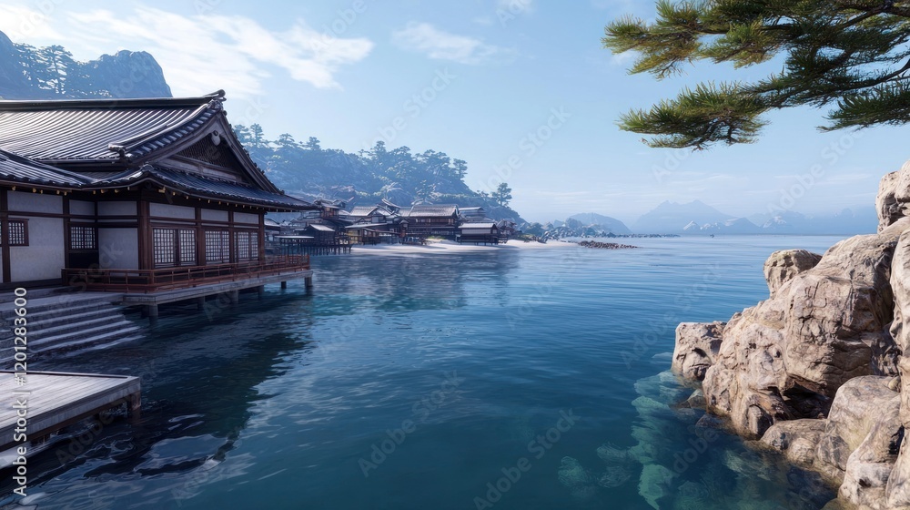 Fototapeta premium Peaceful Lakeside Village in Winter