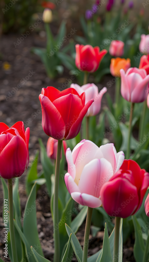 Tulips in red, magenta, pink, white, purple growing in garden blooming in early spring, 8k Tulips in red, magenta, pink, white, purple growing in garden blooming in early spring, 8k
