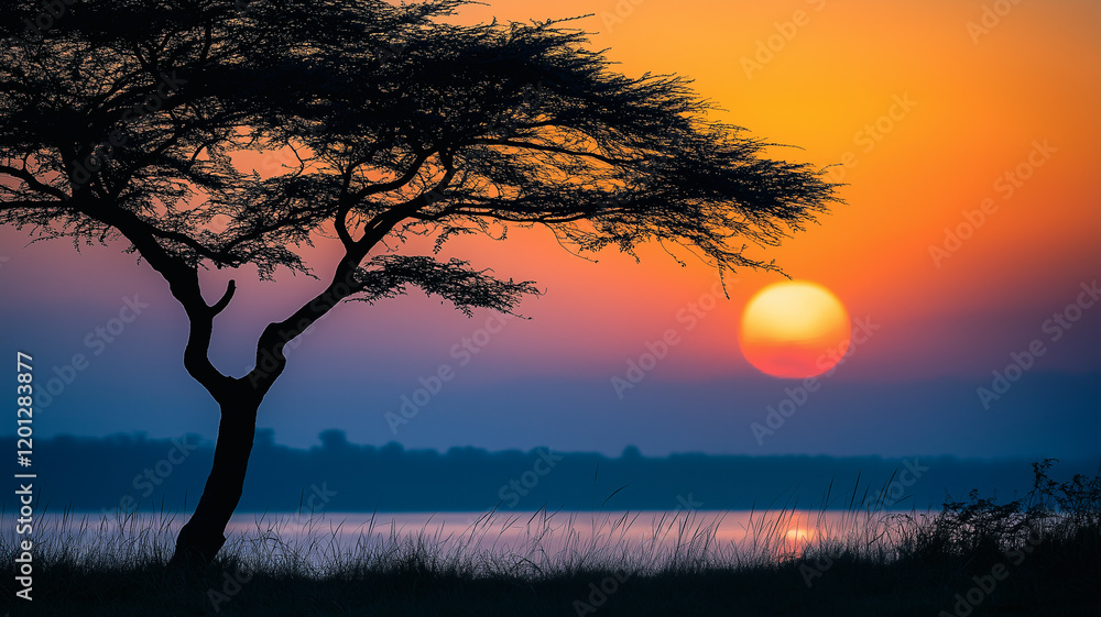 African Sunset Silhouette: A lone acacia tree stands silhouetted against a vibrant, fiery sunset over a calm body of water, creating a breathtaking scene of African serenity. 