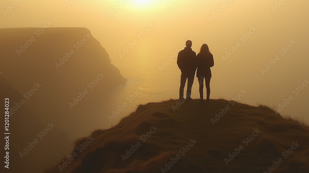 Naklejka premium Couple Silhouette at Sunset Clifftop: A romantic silhouette of a couple standing hand-in-hand on a clifftop, overlooking a misty ocean at sunset. The golden light casts a warm glow.