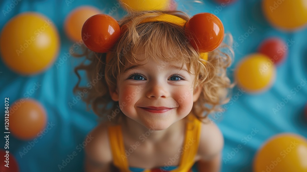 A little girl in a clown costume celebrates April Fools' Day. A child girl in a bright holiday costume with a smile on her face. A little clown. A little girl in a clown costume celebrates April Fools' Day. A child girl in a bright holiday costume with a smile on her face. A little clown.