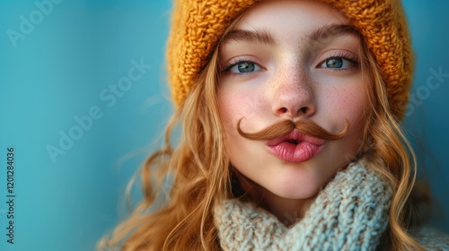 Young girl playing a fake moustache prank. Portrait of young woman with fake moustache celebrating April Fools' Day. photo