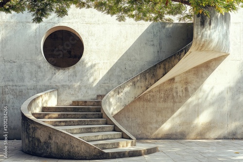Unique spiral staircase design with circular window by a concrete wall surrou...