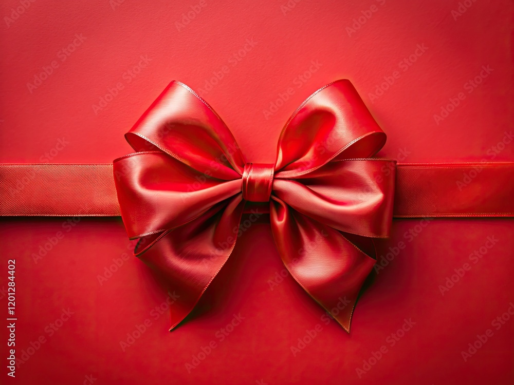 A panoramic flat lay reveals a festive red ribbon bow, a vibrant holiday gift-wrapping detail against a colorful backdrop. A panoramic flat lay reveals a festive red ribbon bow, a vibrant holiday gift-wrapping detail against a colorful backdrop.