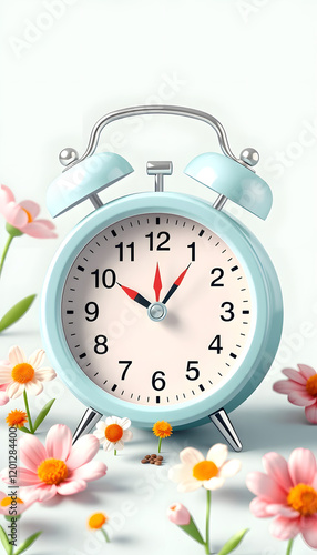 Alarm clock with spring flowers. Spring time, daylight savings concept, spring forward, vector style, with white tones