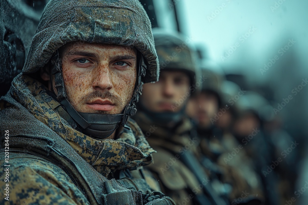 Group of military personnel standing in line, uniformed and equipped for duty Group of military personnel standing in line, uniformed and equipped for duty