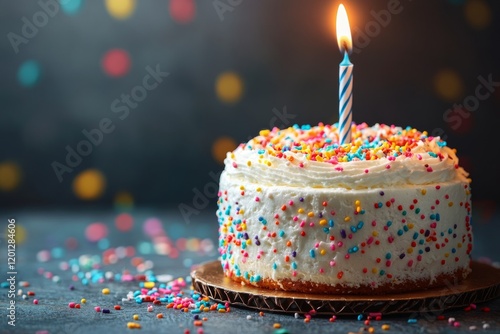 Colorful dessert decoration with swirls and sprinkles on a cake surface at a ...