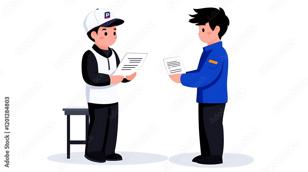 Two Men Exchanging Documents in a Business Transaction Two Men Exchanging Documents in a Business Transaction