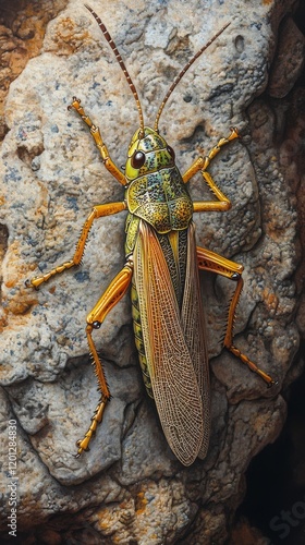 Detailed close-up of a grasshopper on rocky surface showcasing intricate text...