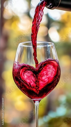Heartfelt Red Wine Pour: A heart-shaped splash of rich red wine fills a crystal glass, the ruby liquid pouring gracefully from the bottle against a blurred autumnal backdrop.