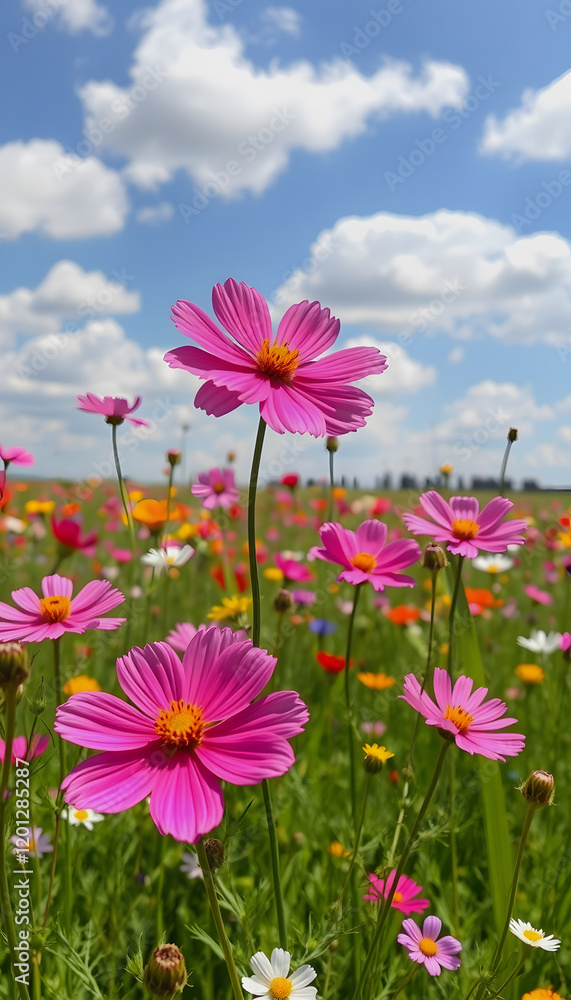 Beautiful cosmos meadow flowers field with sky background, Colorful wild flower or summer nature spring flower art, Dreamy, with white tones Beautiful cosmos meadow flowers field with sky background, Colorful wild flower or summer nature spring flower art, Dreamy, with white tones