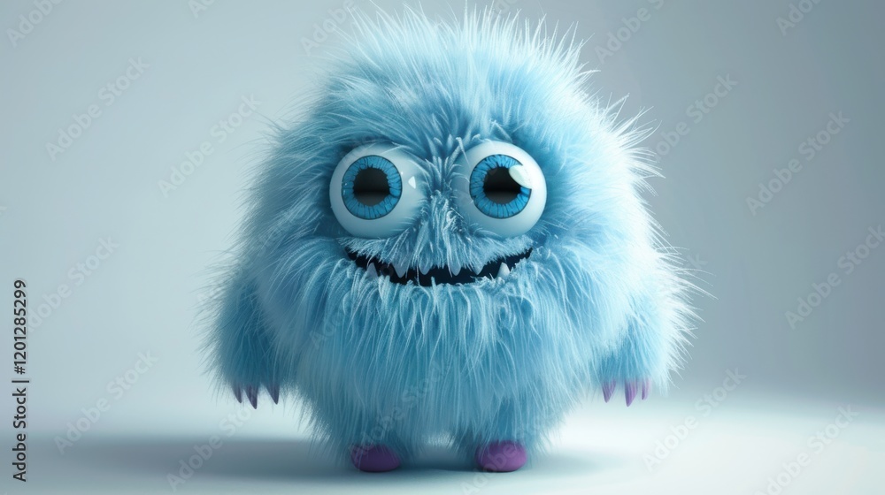 Fototapeta premium Cute Fluffy Blue Monster with Big Eyes and a Smile