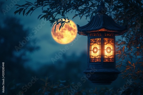 Lantern illuminates a pathway under a bright moon in a serene night landscape