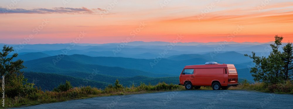 Fototapeta premium Orange van parked at a scenic mountain overlook during sunset, with vibrant skies and lush greenery creating a tranquil atmosphere.
