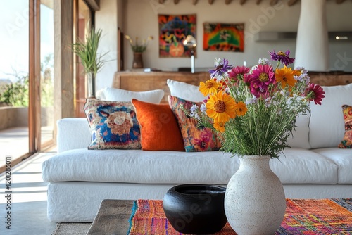 Elegant living room with floral arrangement on a stylish coffee table