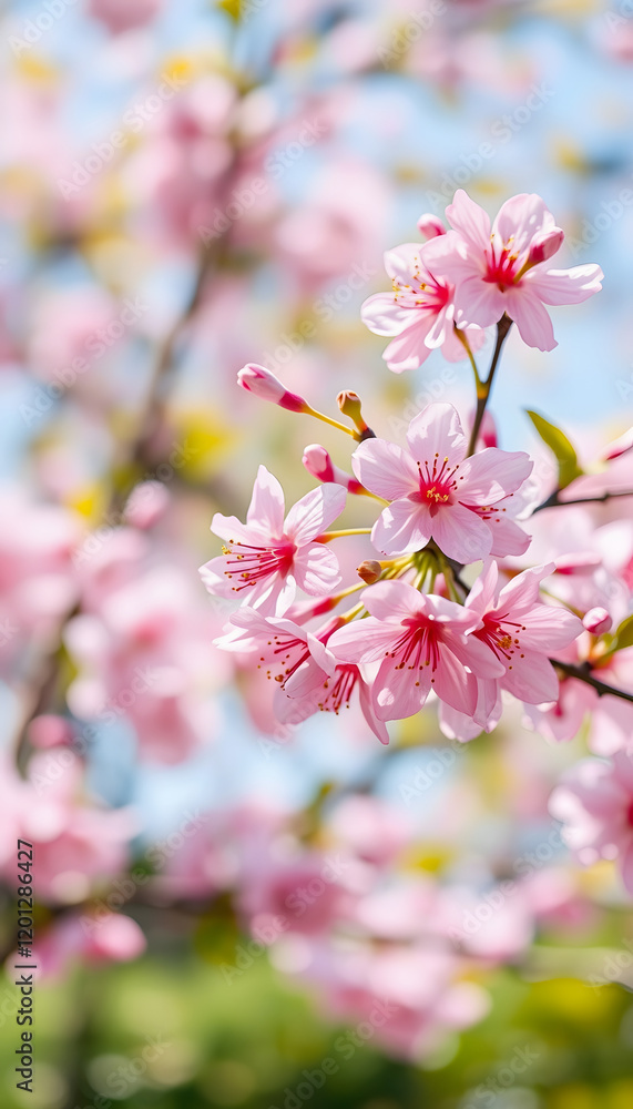 Pink cherry tree blossom flowers blooming in springtime against a natural sunny blurred garden banner background of blue and white bokeh, pixel art Pink cherry tree blossom flowers blooming in springtime against a natural sunny blurred garden banner background of blue and white bokeh, pixel art