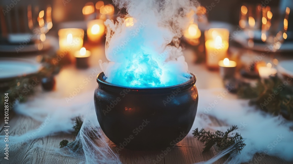 Spooky halloween table setting with foggy cauldron centerpiece cozy dining room decorative content eerie atmosphere closeup view Spooky halloween table setting with foggy cauldron centerpiece cozy dining room decorative content eerie atmosphere closeup view