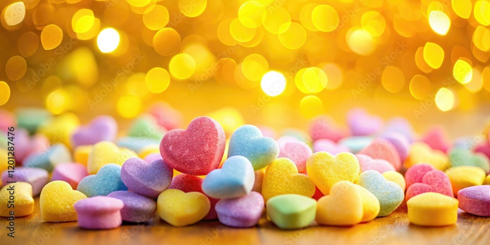 Blurry yellow bokeh, Valentine's candy hearts scattered, sweet romantic backdrop. Blurry yellow bokeh, Valentine's candy hearts scattered, sweet romantic backdrop.
