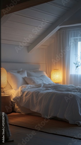 Modern bedroom with warm lighting featuring a cozy bed and soft decor for rel...