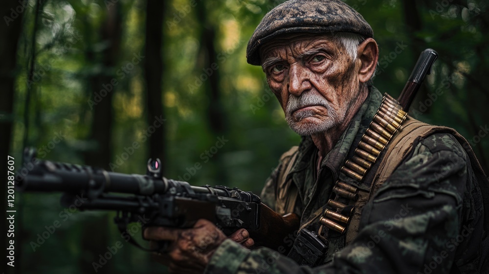 A person stands in a forest with a firearm, suitable for outdoor scenes and adventure themes A person stands in a forest with a firearm, suitable for outdoor scenes and adventure themes
