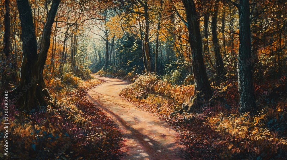 A winding footpath stretches through a forest bathed in warm autumnal light, with leaves of gold, orange, and crimson swirling gently in the breeze, creating a picturesque and magical scene A winding footpath stretches through a forest bathed in warm autumnal light, with leaves of gold, orange, and crimson swirling gently in the breeze, creating a picturesque and magical scene