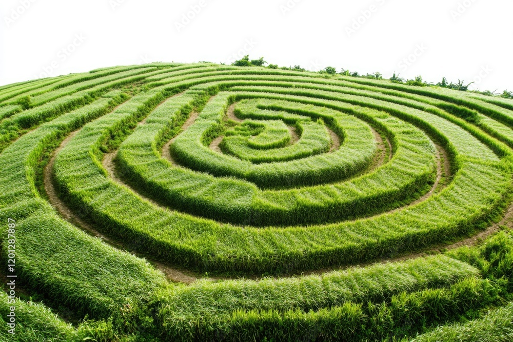 A mysterious circular maze situated in the middle of a green field A mysterious circular maze situated in the middle of a green field