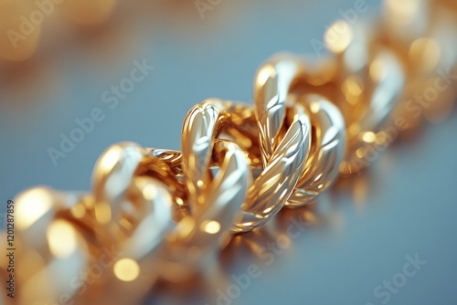 Golden braided chain with shimmering reflections in a soft-focus background