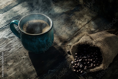 Steaming cup of coffee on rustic wooden table with burlap sack of beans. photo