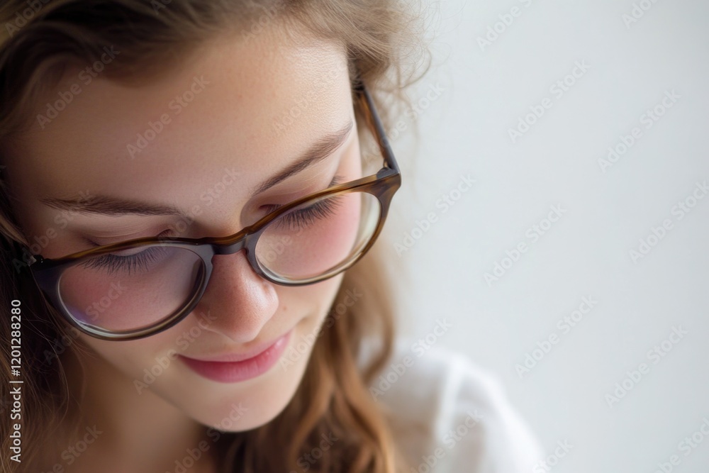 A woman wearing glasses looks down at her cell phone A woman wearing glasses looks down at her cell phone