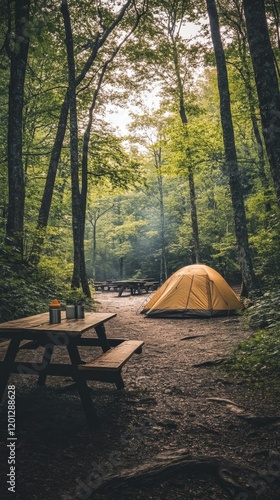 Peaceful camping setup in a serene forest with a tent and picnic table in autumn