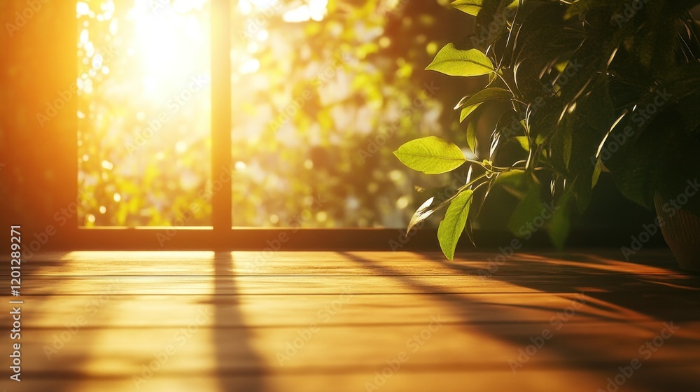 Warm sunlight streaming through window onto a wooden floor with plant silhouette creating a serene setting Warm sunlight streaming through window onto a wooden floor with plant silhouette creating a serene setting