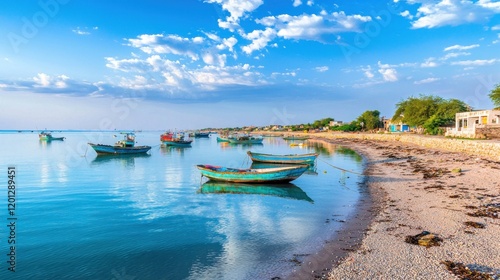 Peaceful Coastal Scene with Fishing Boats