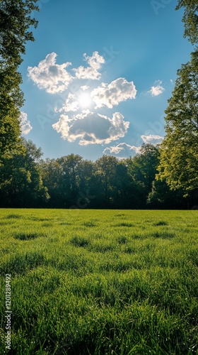 Serenity of a Sunset Over a Lush Green Field Surrounded by Trees
