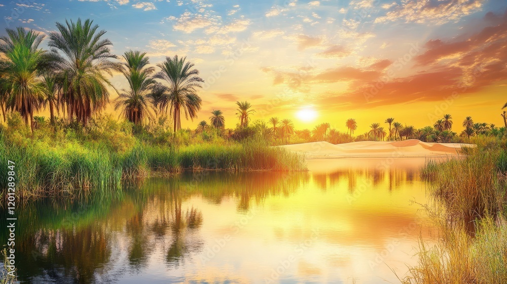 Serene Oasis Sunset Palm Trees Reflecting Water Serene Oasis Sunset Palm Trees Reflecting Water