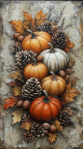 Vibrant autumn decorations featuring pumpkins, pinecones, and colorful leaves