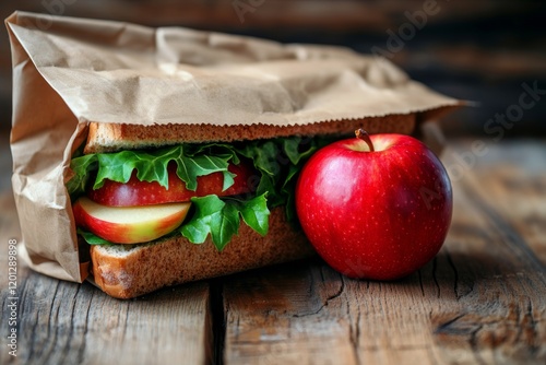 Fresh sandwich and apple in a brown paper bag on a wooden table for a healthy...