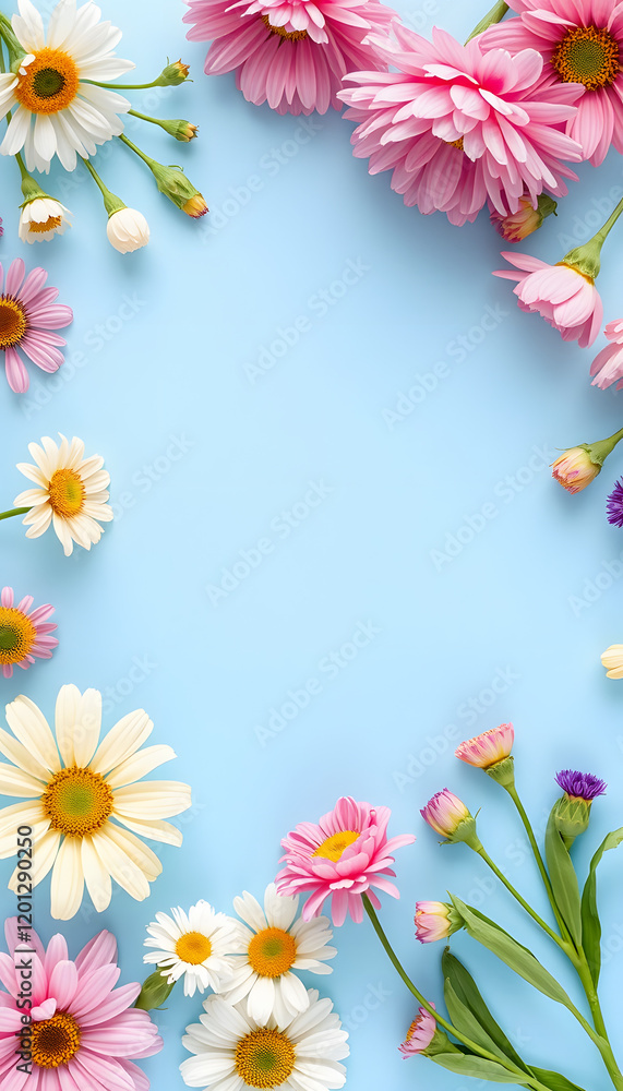 Flat lay of spring flowers on blue background with copy space, watercolor, with white tones Flat lay of spring flowers on blue background with copy space, watercolor, with white tones