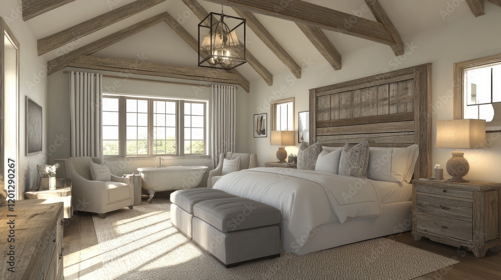Fototapeta premium Rustic Master Bedroom Design With Freestanding Tub
