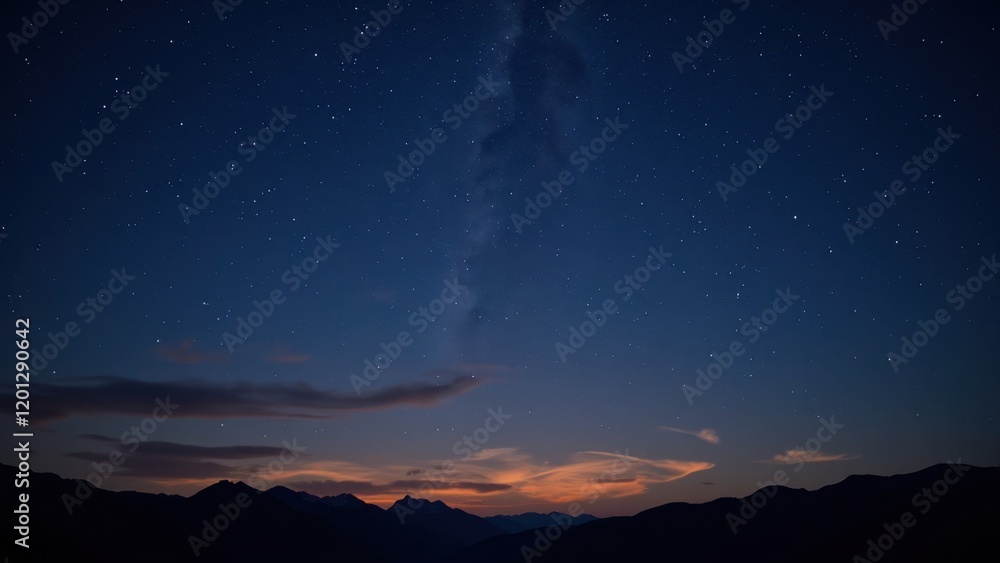 A mesmerizing twilight panorama reveals a deep blue sky adorned with twinkling stars. At its heart, an enchanting blend of orange and yellow hues heralds the day's end A mesmerizing twilight panorama reveals a deep blue sky adorned with twinkling stars. At its heart, an enchanting blend of orange and yellow hues heralds the day's end