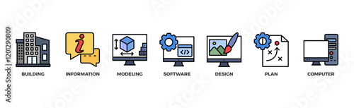 BIM banner web icon vector illustration concept for building information modeling with icon of building, information, modeling, software, design, plan, and computer