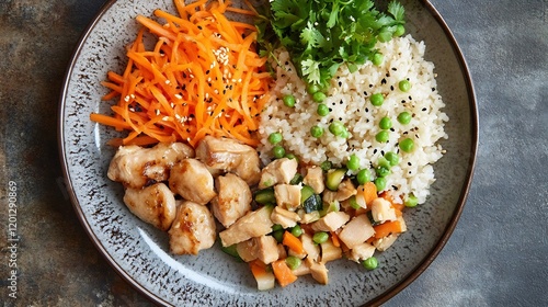 Plate of takikomi gohan vegetables and chicken arranged neatly captured from above photo