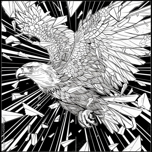 Mosaic illustration of an eagle, wings outstretched.